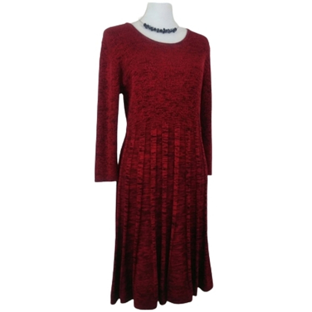 Nina Leonard Long Sleeve Red Rayon Sweater Fit & Flare Modest Knee Length Dress
